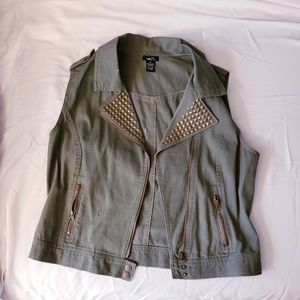 Green Studded Denim MotoVest
